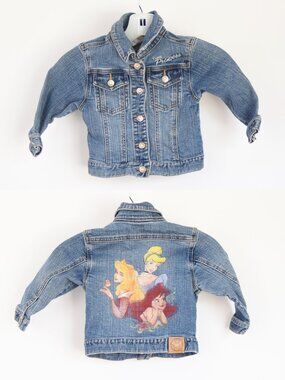 Disney Girls Princess Denim Jacket Size 2/3 XXS Ariel Cinderella Aurora Y2K